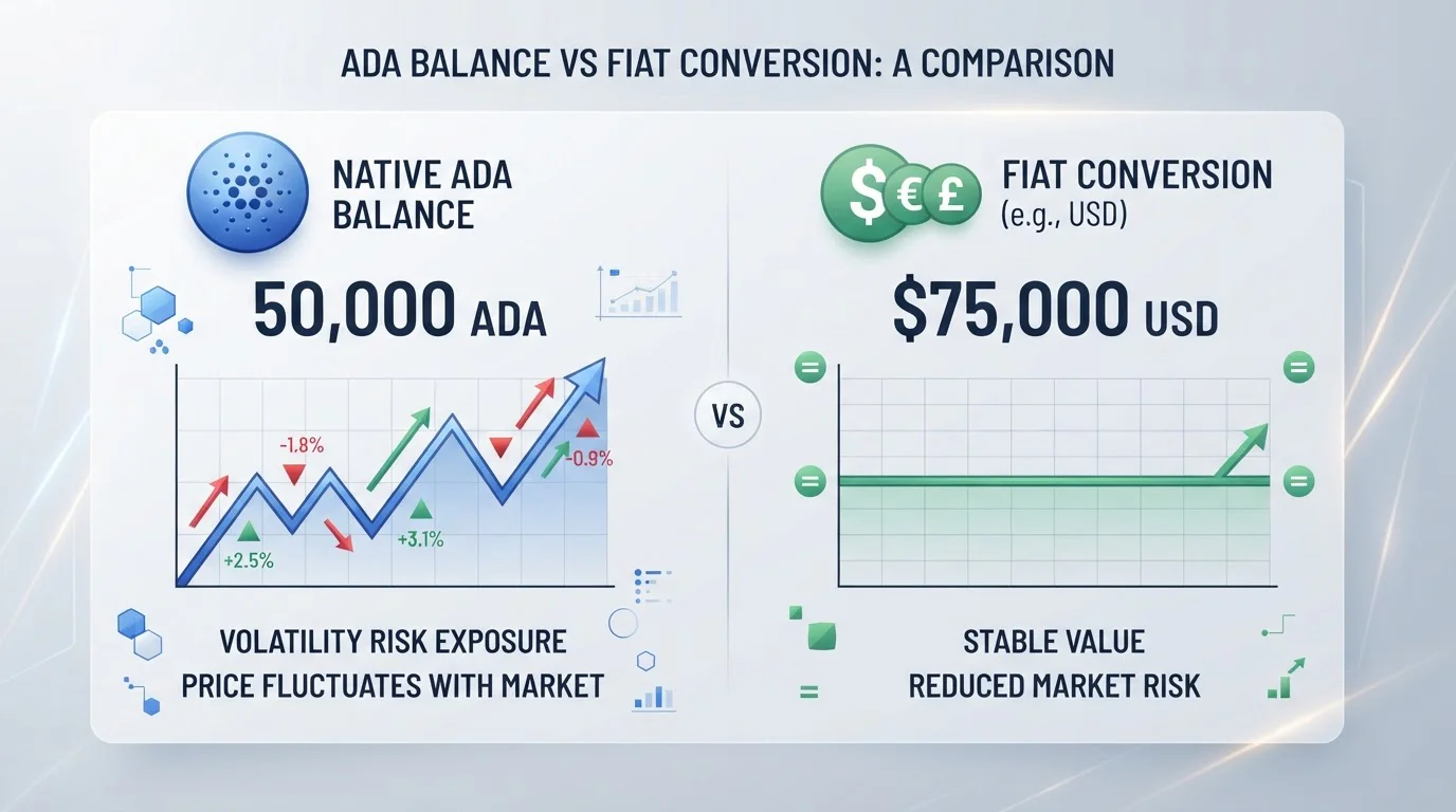 Gráfico comparativo mostrando saldo nativo en ADA vs conversión a fiat con flechas indicando volatilidad