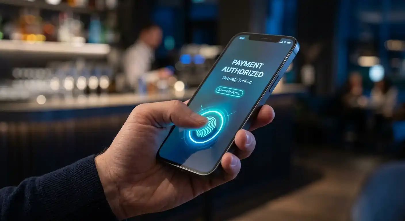 Persona autenticando pago online con smartphone usando reconocimiento biométrico
