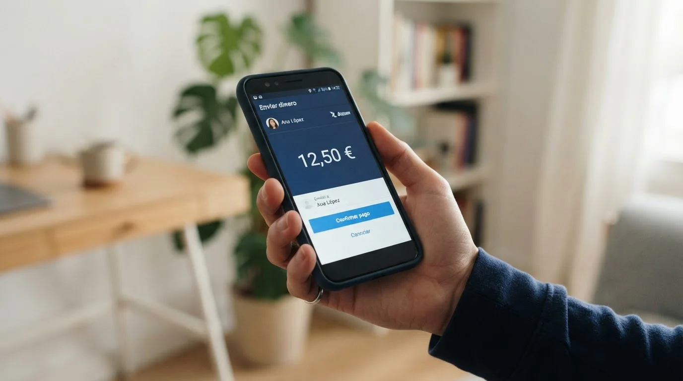 Smartphone mostrando aplicación de banca móvil con pago Bizum para casino online