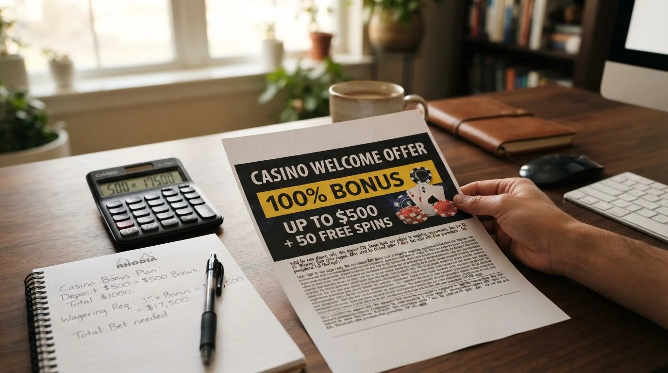 Cupón de bono de casino con porcentajes destacados y términos de requisitos de apuesta visibles