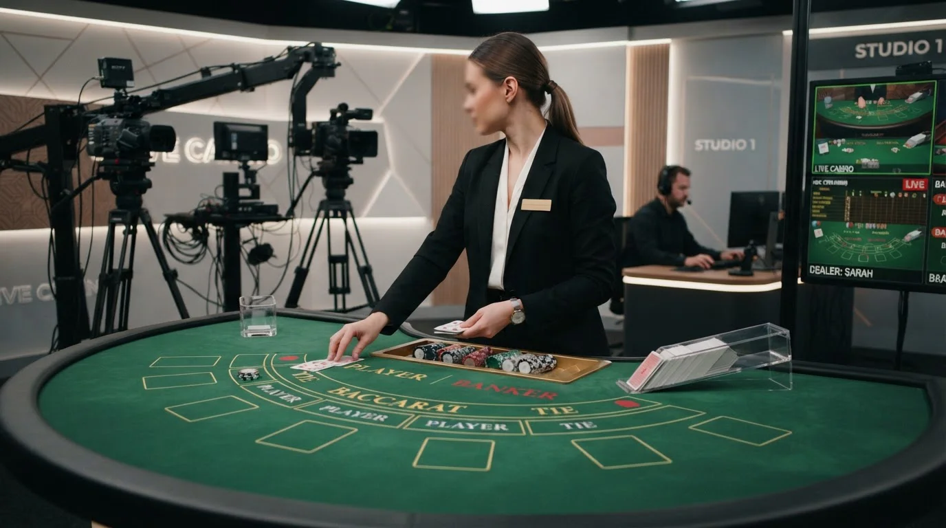 Mesa de casino en vivo con crupier profesional transmitiendo en HD