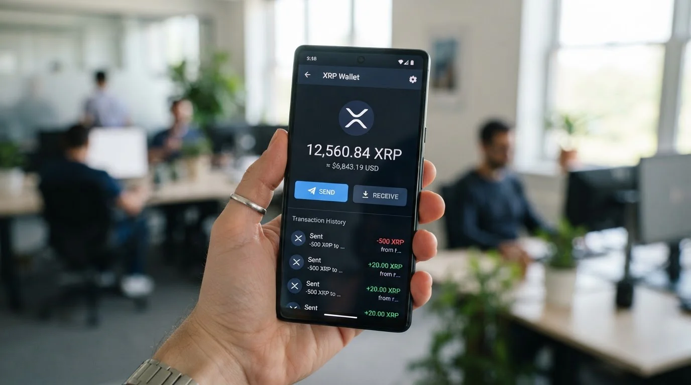 Smartphone mostrando interfaz de wallet de criptomonedas con saldo de XRP y opciones de envío