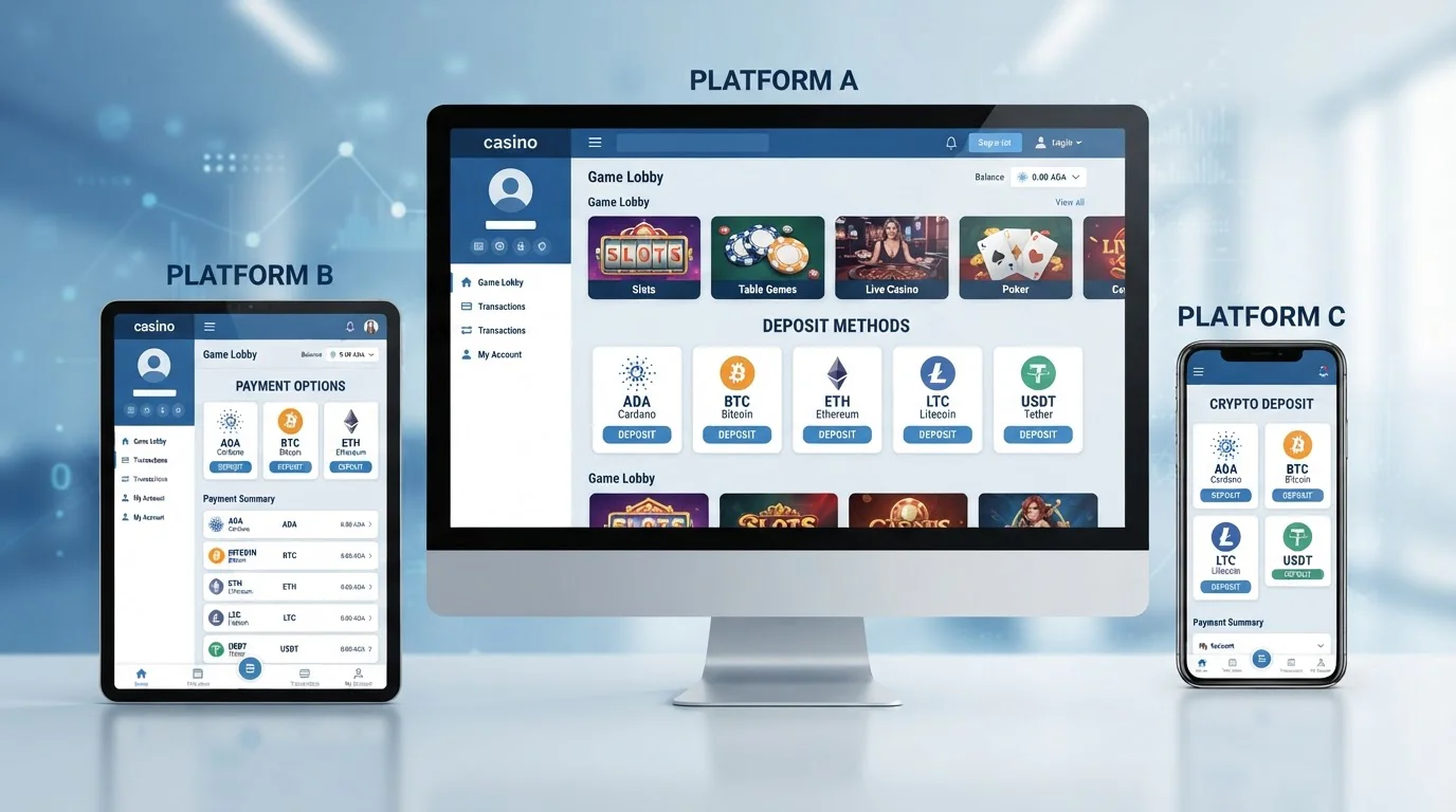 Comparación visual de logos de casinos cripto aceptando Cardano con iconos de métodos de pago