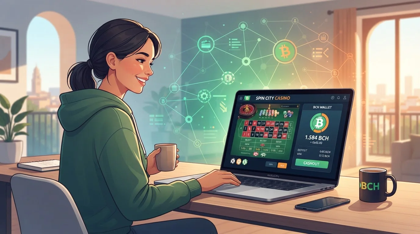 Persona usando laptop para jugar casino online con Bitcoin Cash