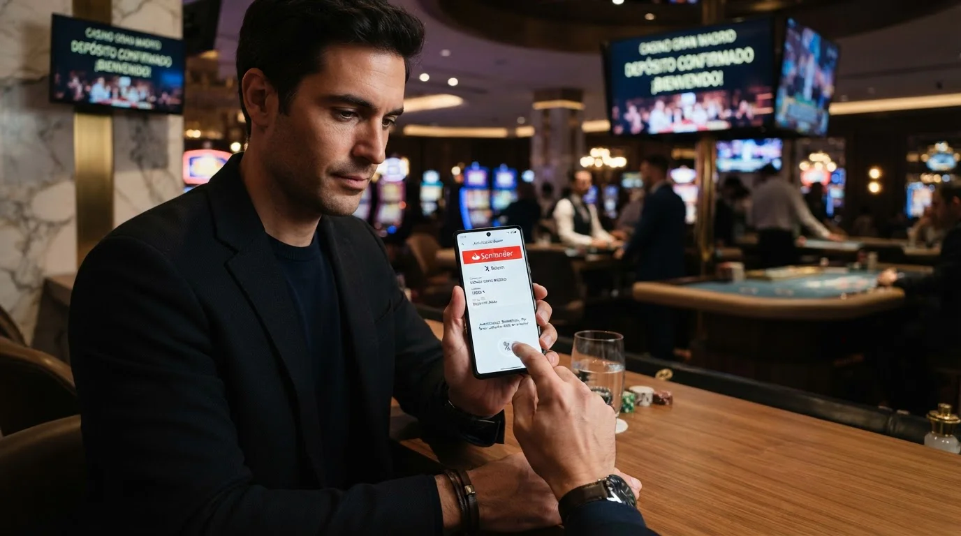 Usuario autorizando pago Bizum desde app bancaria para casino online