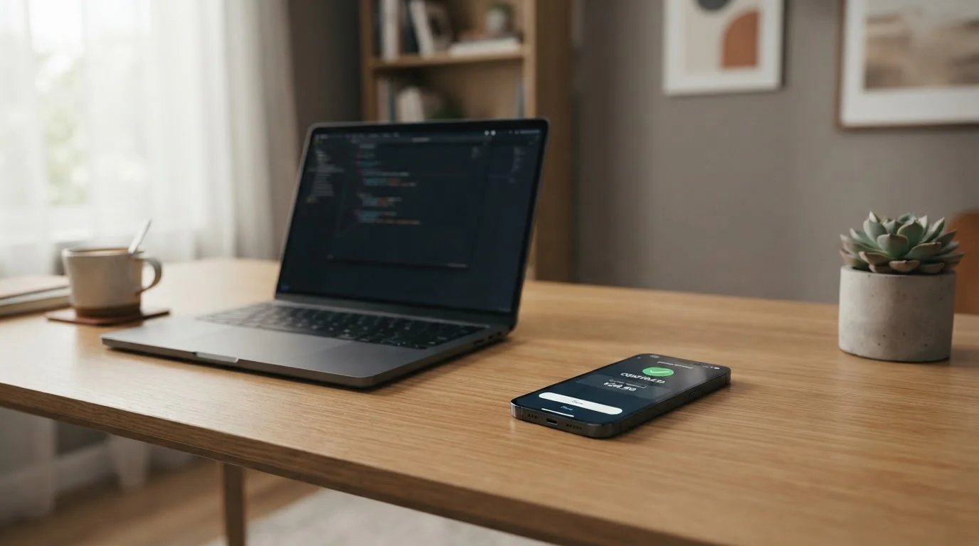 Smartphone con notificación de pago confirmado en escritorio moderno junto a laptop