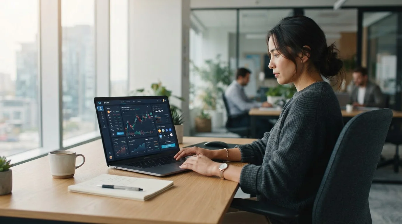 Persona analizando criptomonedas en laptop con billetera digital