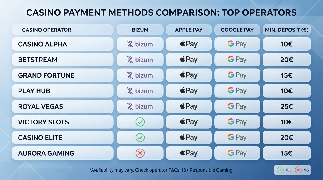 Tabla comparativa de casinos DGOJ con métodos de pago móvil Bizum y wallets