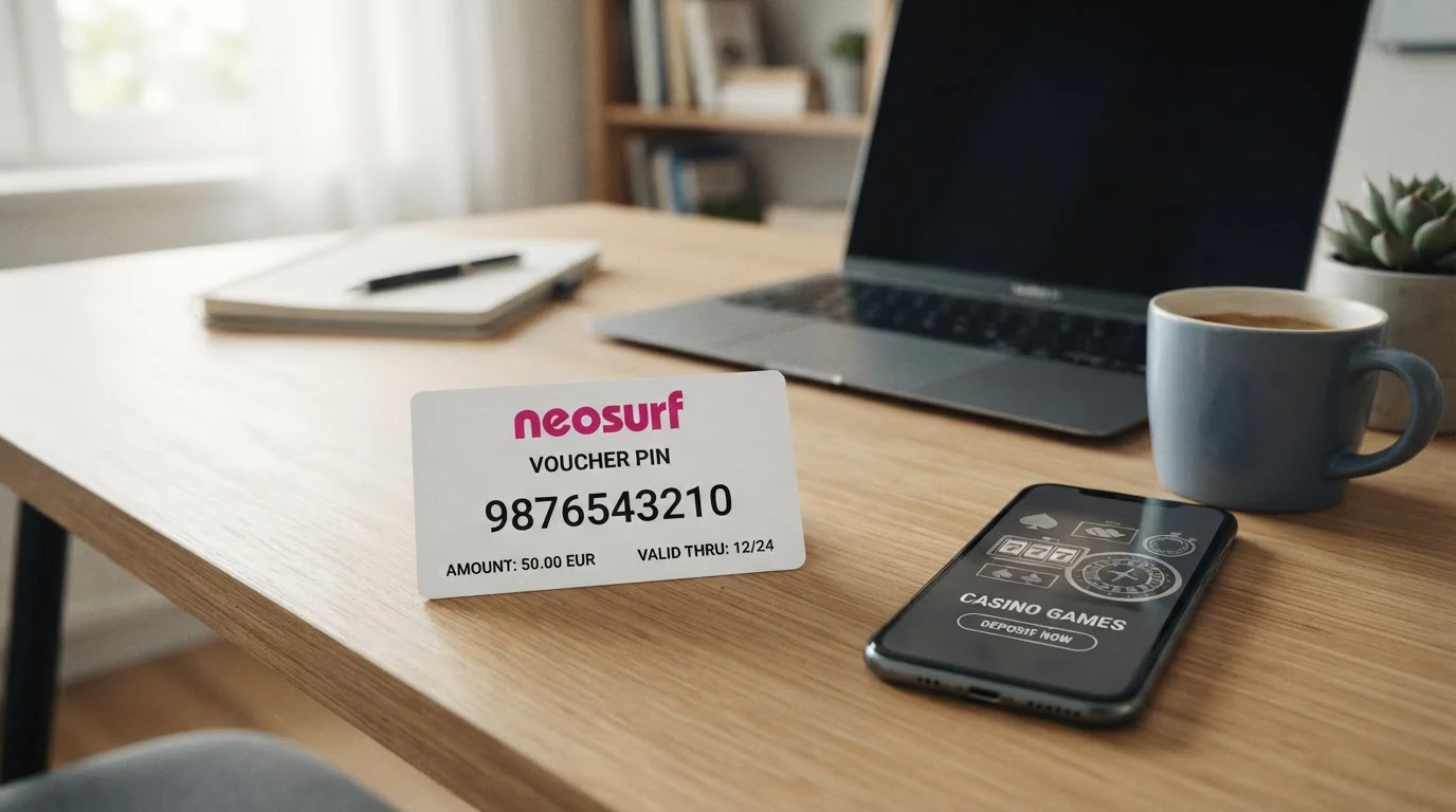 Cupón prepago Neosurf con código PIN sobre escritorio junto a smartphone mostrando casino online