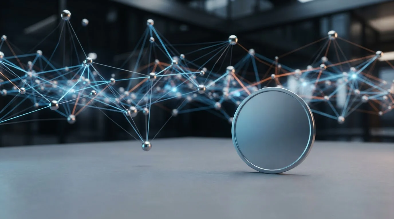 Composición horizontal con símbolos abstractos de blockchain flotando sobre superficie limpia y moneda digital genérica en primer plano