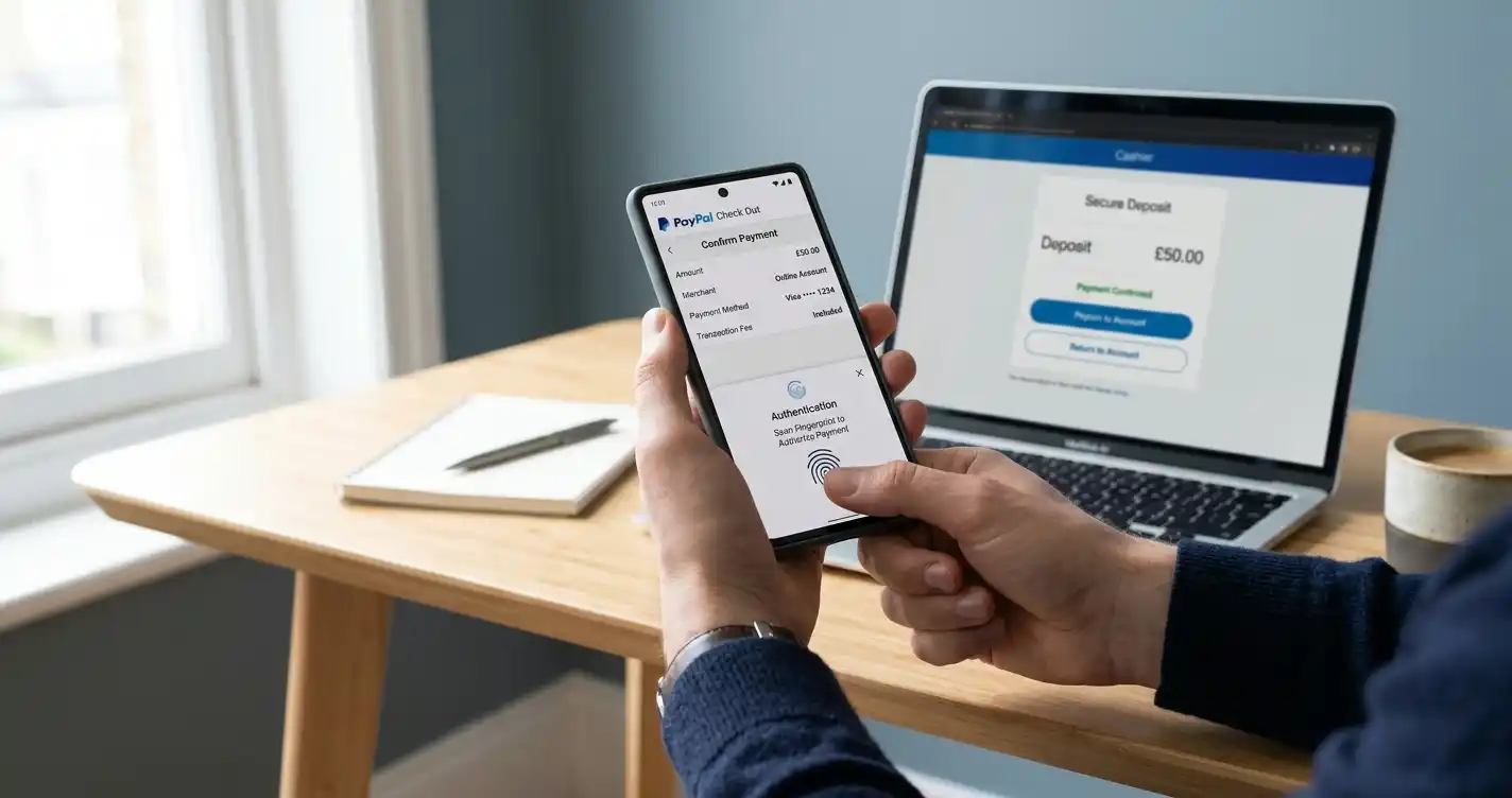 Persona usando smartphone con app de PayPal para depositar en casino online español