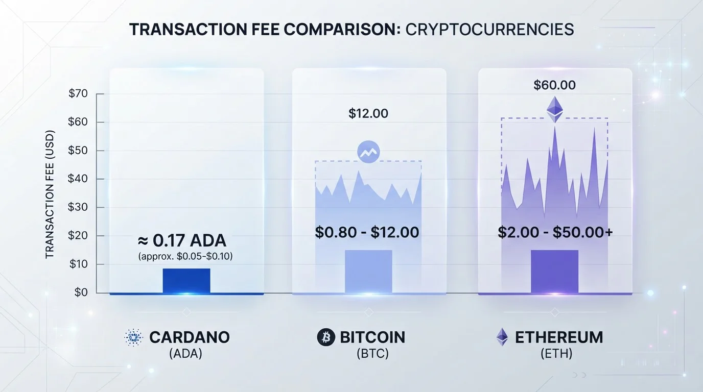 Tabla comparativa de comisiones mostrando Cardano a 0,17 ADA vs Bitcoin y Ethereum con rangos variables