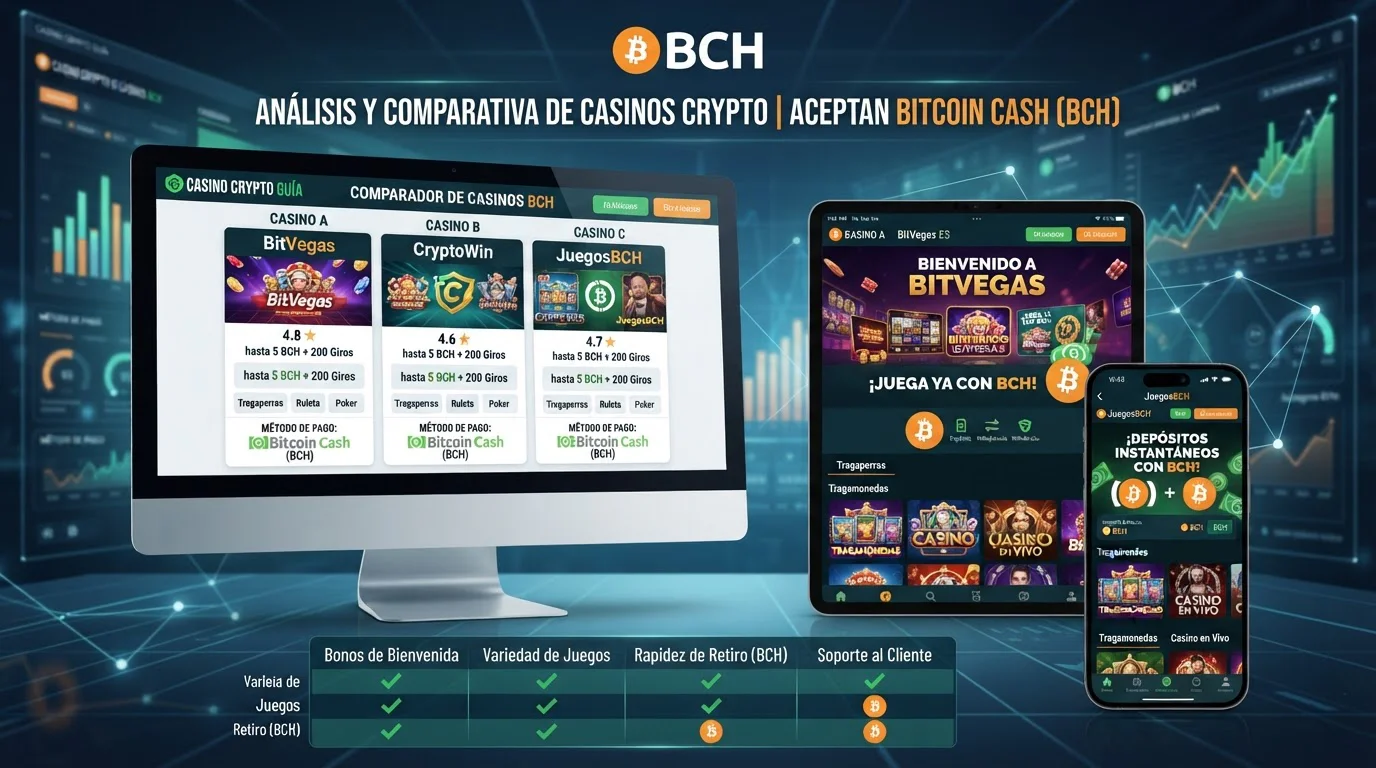 Comparación de casinos que aceptan Bitcoin Cash en múltiples pantallas
