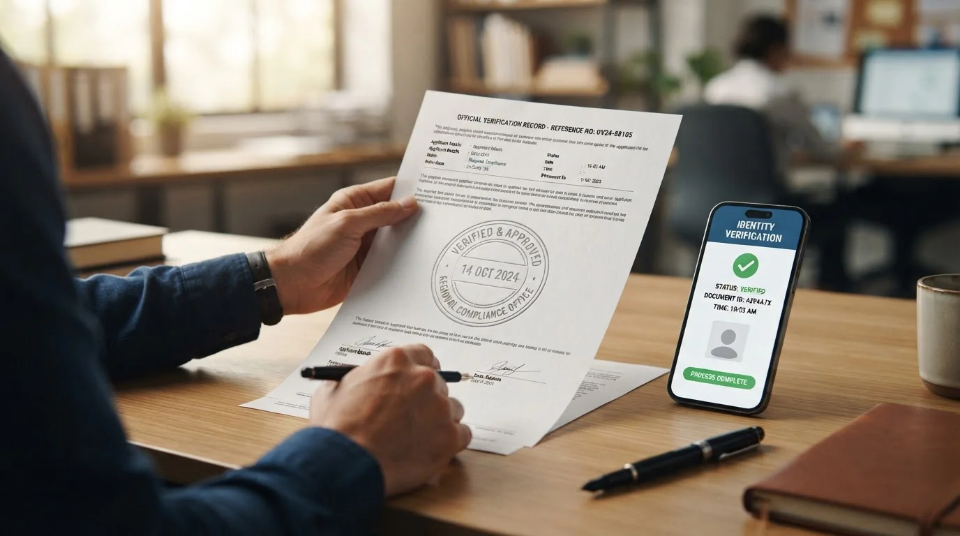 Persona revisando documento con sello oficial junto a smartphone mostrando interfaz de verificación