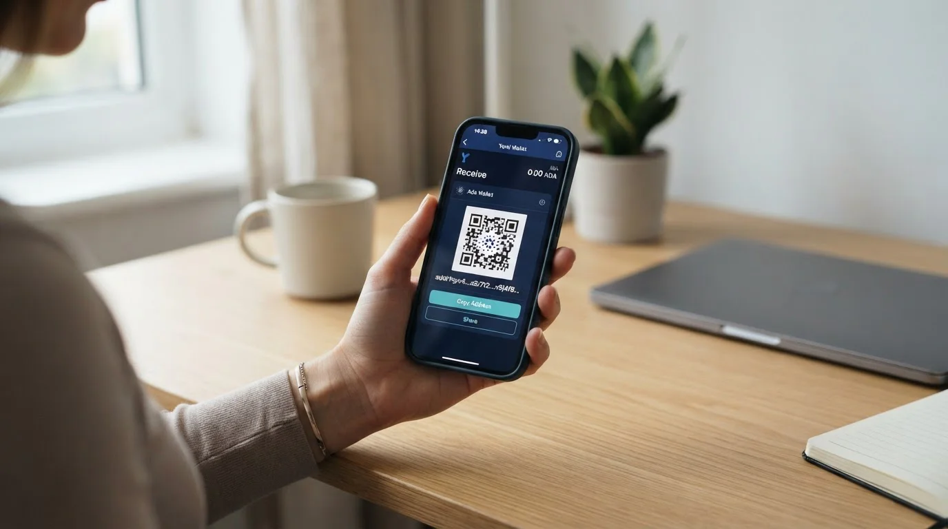 Pantalla de smartphone mostrando interfaz de Yoroi con dirección de wallet visible