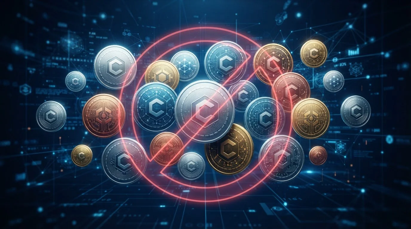 Símbolos de criptomonedas con señal de prohibición representando restricción legal