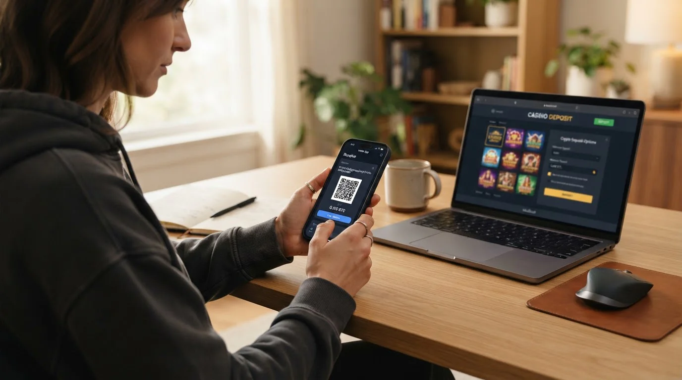Persona en escritorio revisando smartphone con wallet Bitcoin y laptop mostrando interfaz de depósito de casino