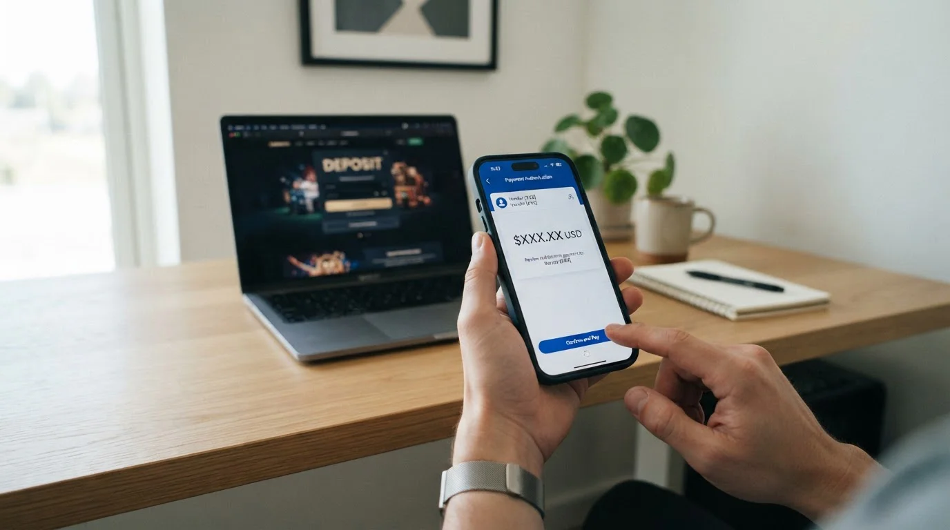 Pantalla de smartphone mostrando paso a paso el proceso de depósito con PayPal