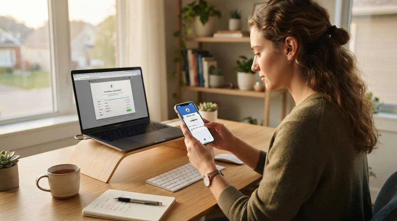 Persona en escritorio revisando transacción de criptomoneda en smartphone con wallet digital abierta
