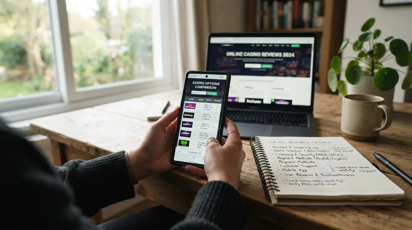 Manos sosteniendo smartphone comparando opciones de casino con notebook y laptop de fondo