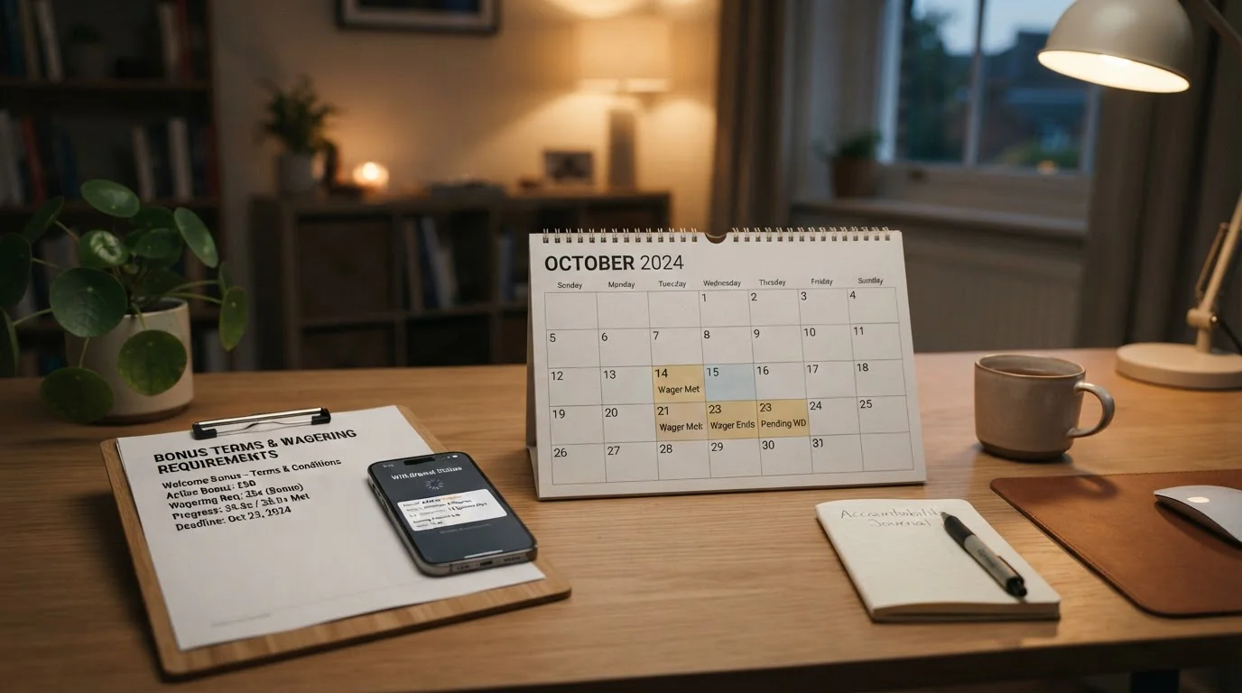 Calendario marcado con documento de términos de bono y smartphone mostrando notificación de retiro pendiente
