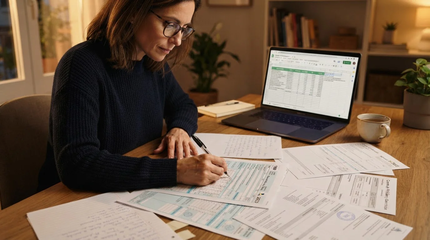 Persona revisando documentos fiscales con calculadora y formularios de declaración de impuestos sobre mesa