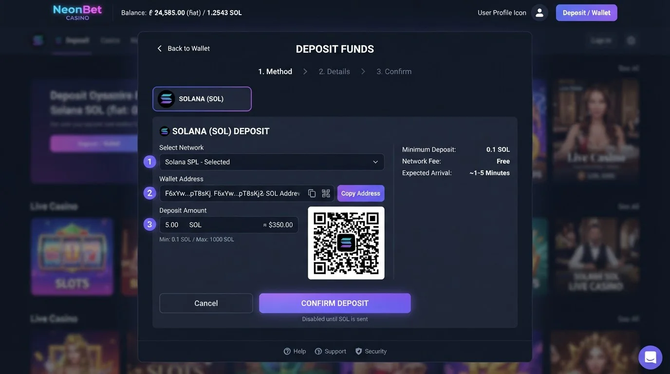 Interfaz de depósito con Solana en casino cripto