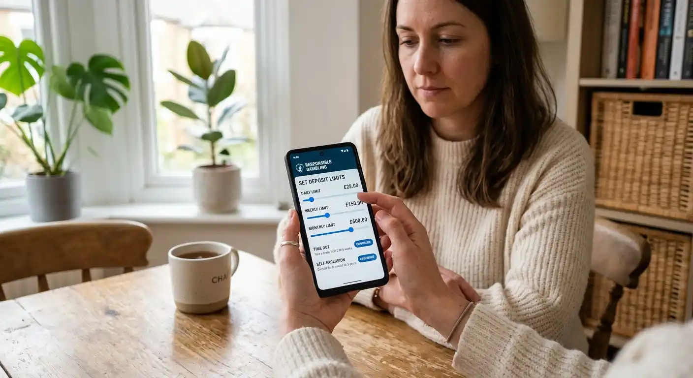 Persona configurando límites de depósito en smartphone con herramientas de juego responsable