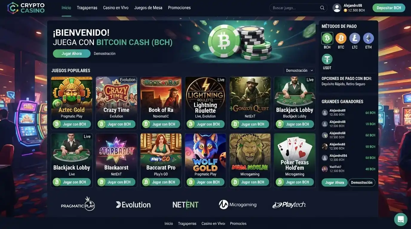 Pantalla de casino online mostrando variedad de juegos disponibles con Bitcoin Cash