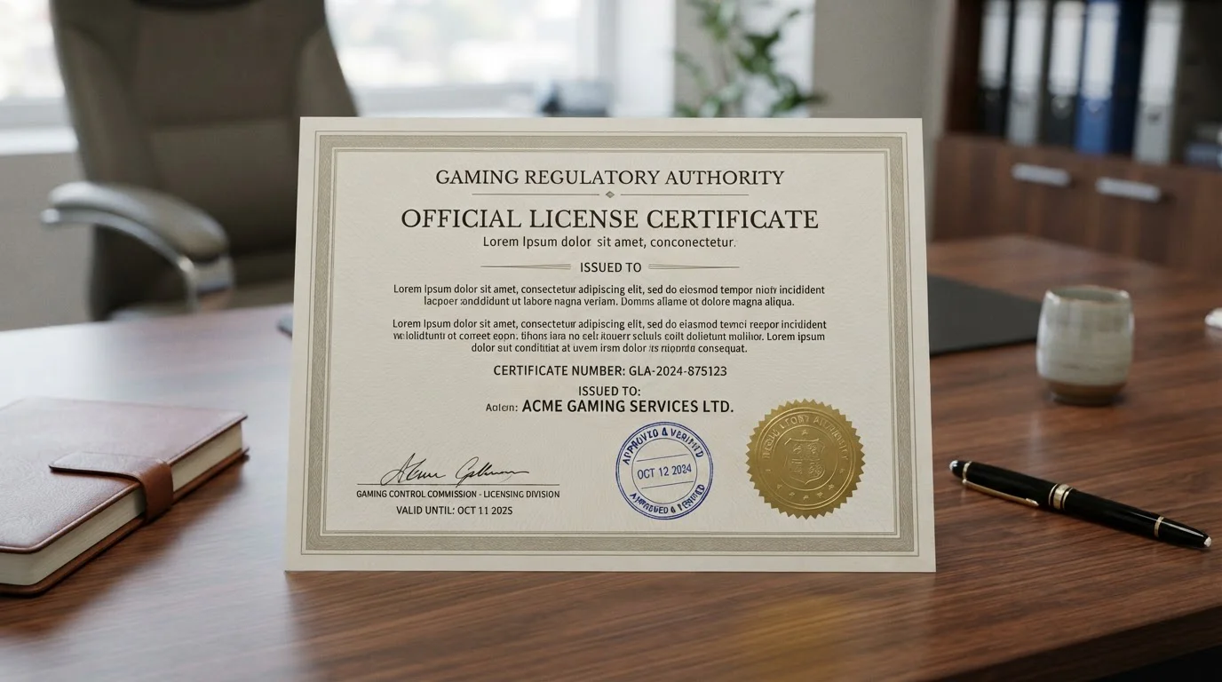 Documento de licencia oficial de casino con sello de autoridad reguladora y símbolos de verificación