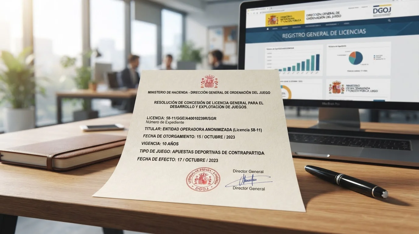 Sello de licencia DGOJ y documentación regulatoria española sobre mesa