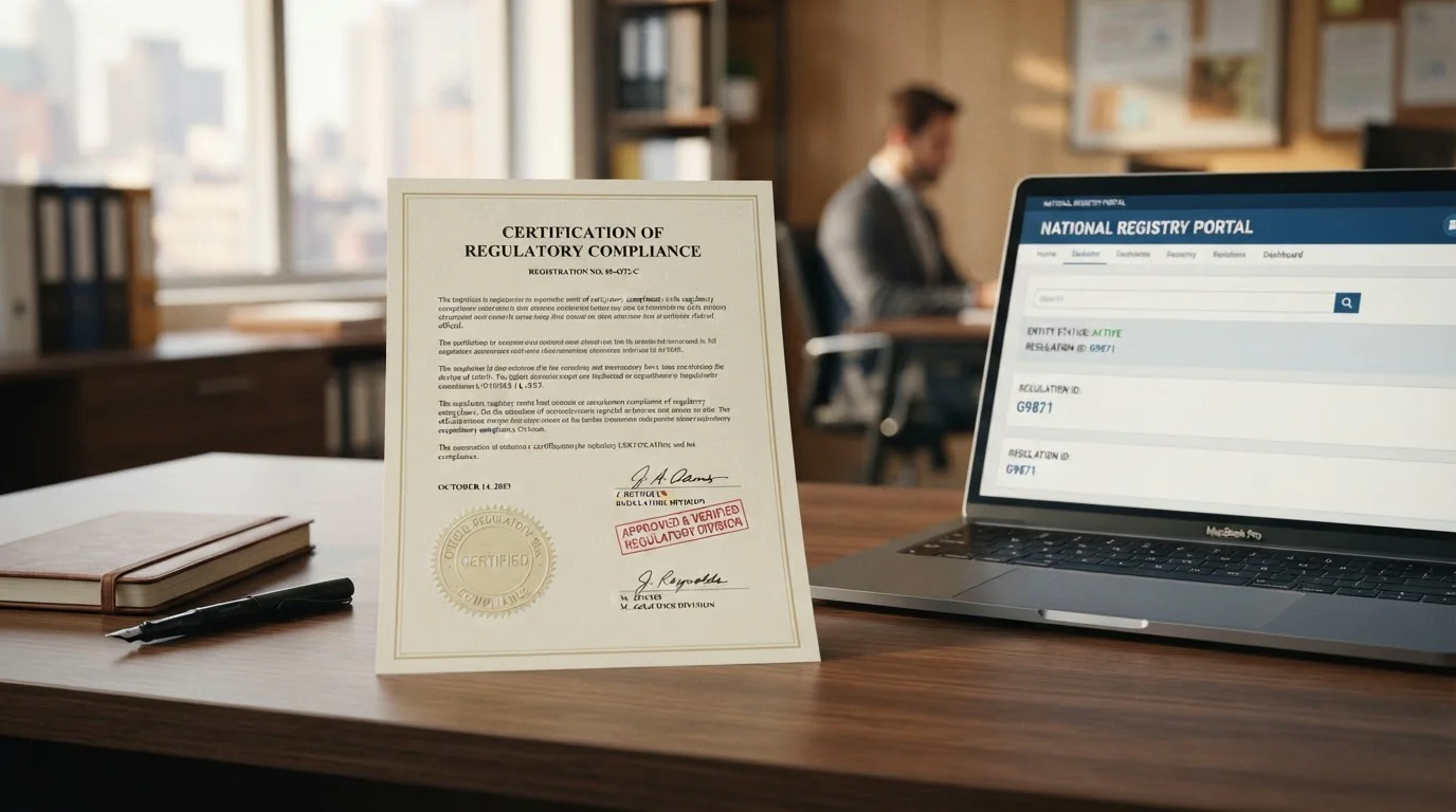 Documento oficial con sello y laptop mostrando interfaz de registro de operador regulatorio