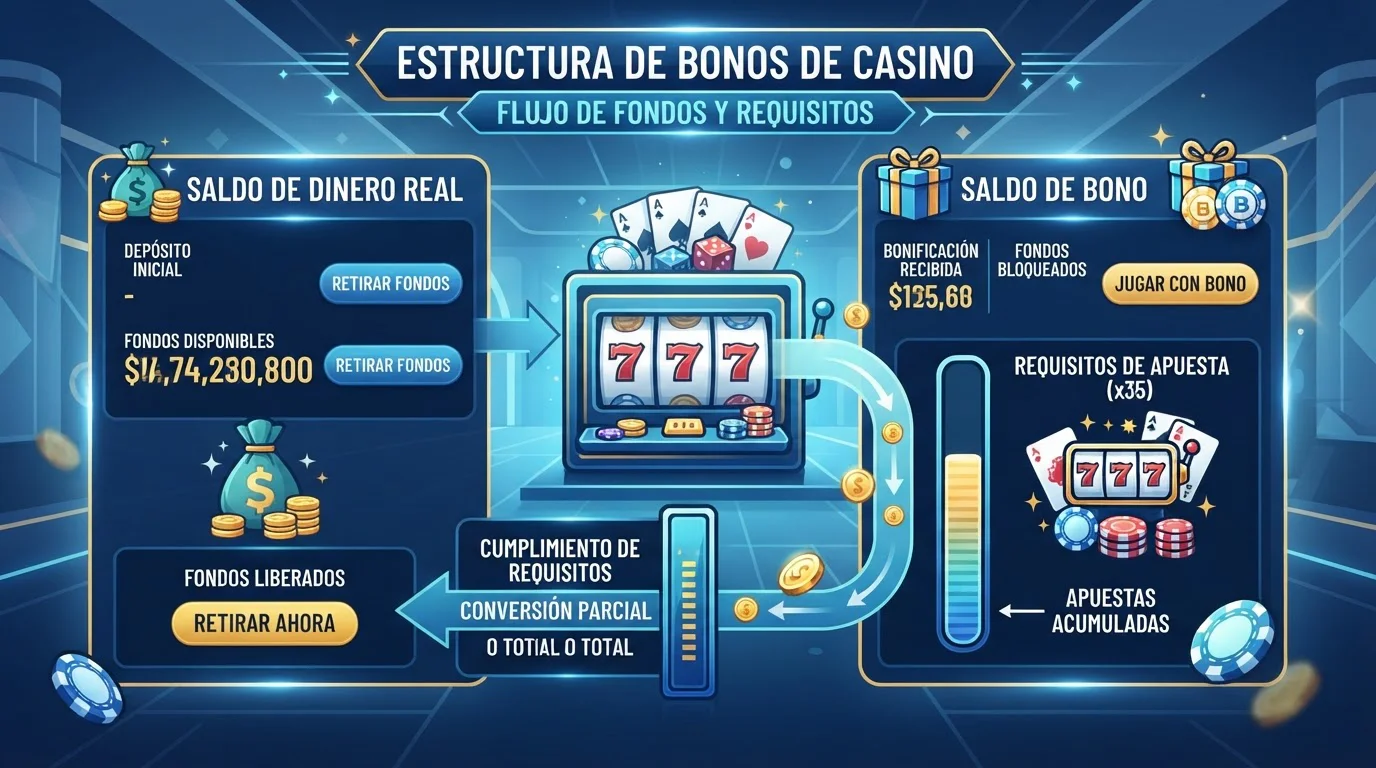 Estructura de cuenta de bonificación con saldos separados y requisitos de apuesta