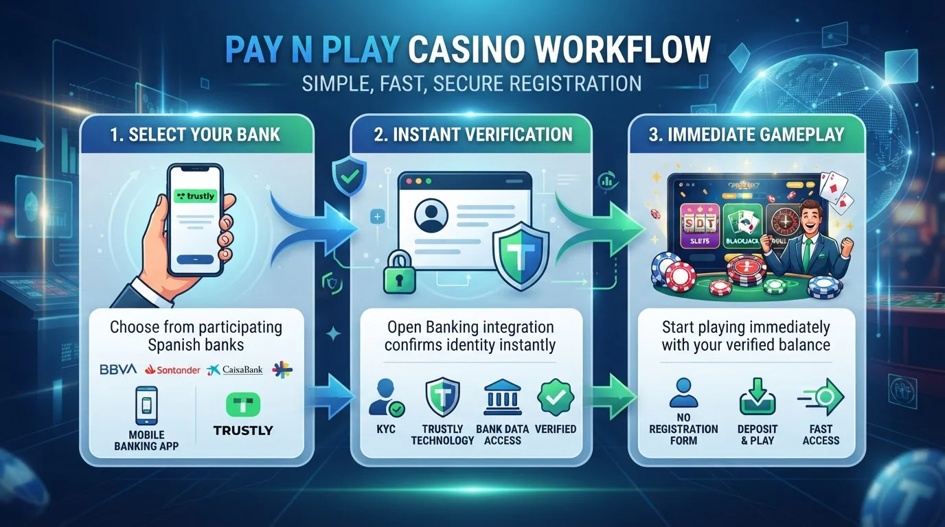 Diagrama del proceso Pay N Play con Trustly mostrando flujo de verificación bancaria
