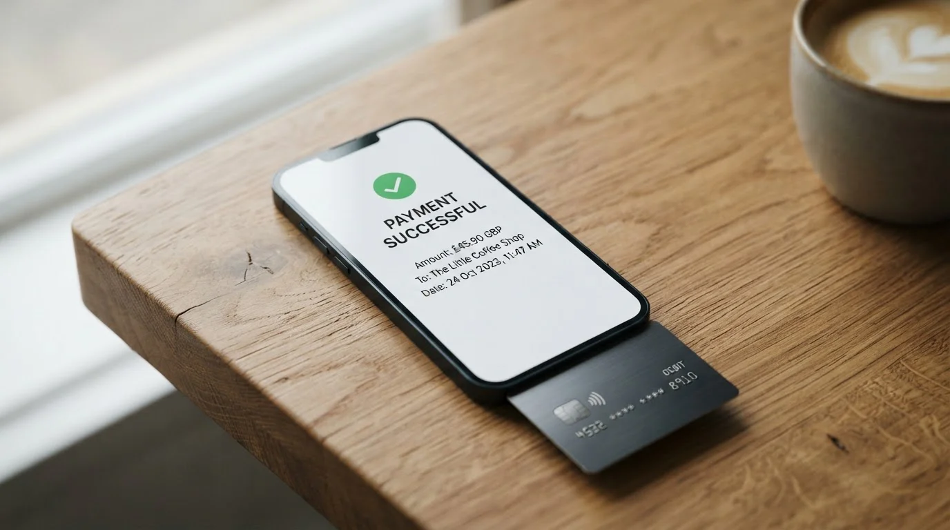 Pantalla de smartphone con aplicaciones de pago y tarjeta genérica en escritorio