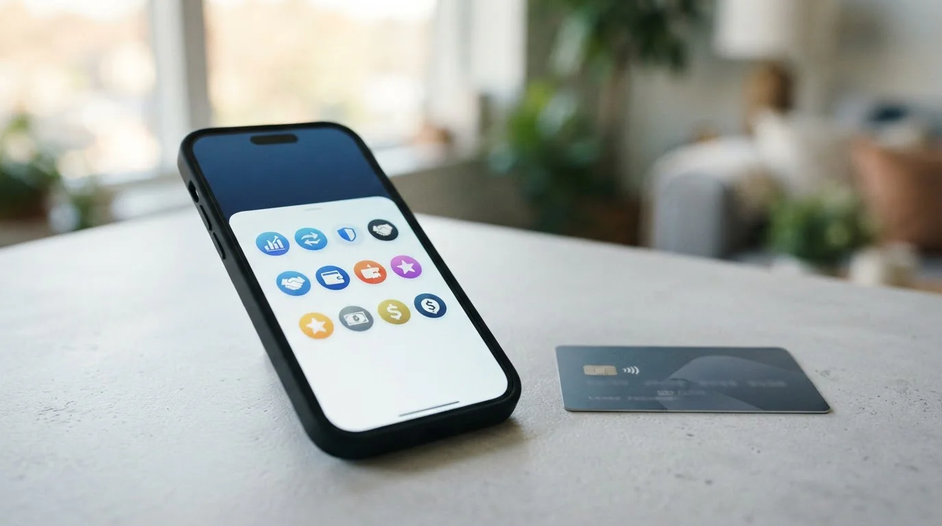 Pantalla de smartphone mostrando aplicaciones de pago digital junto a tarjeta bancaria genérica
