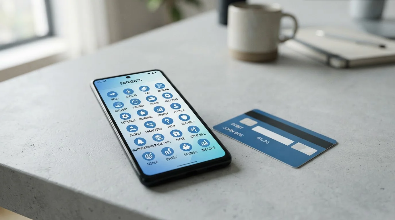 Pantalla de smartphone mostrando aplicaciones de pago con tarjeta bancaria genérica