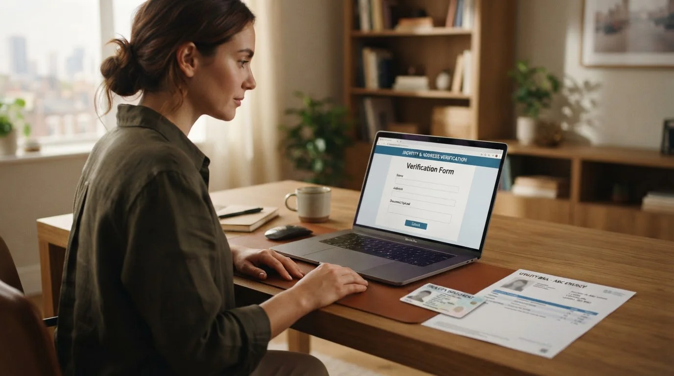 Persona con laptop mostrando pantalla de verificación KYC con documentos al lado