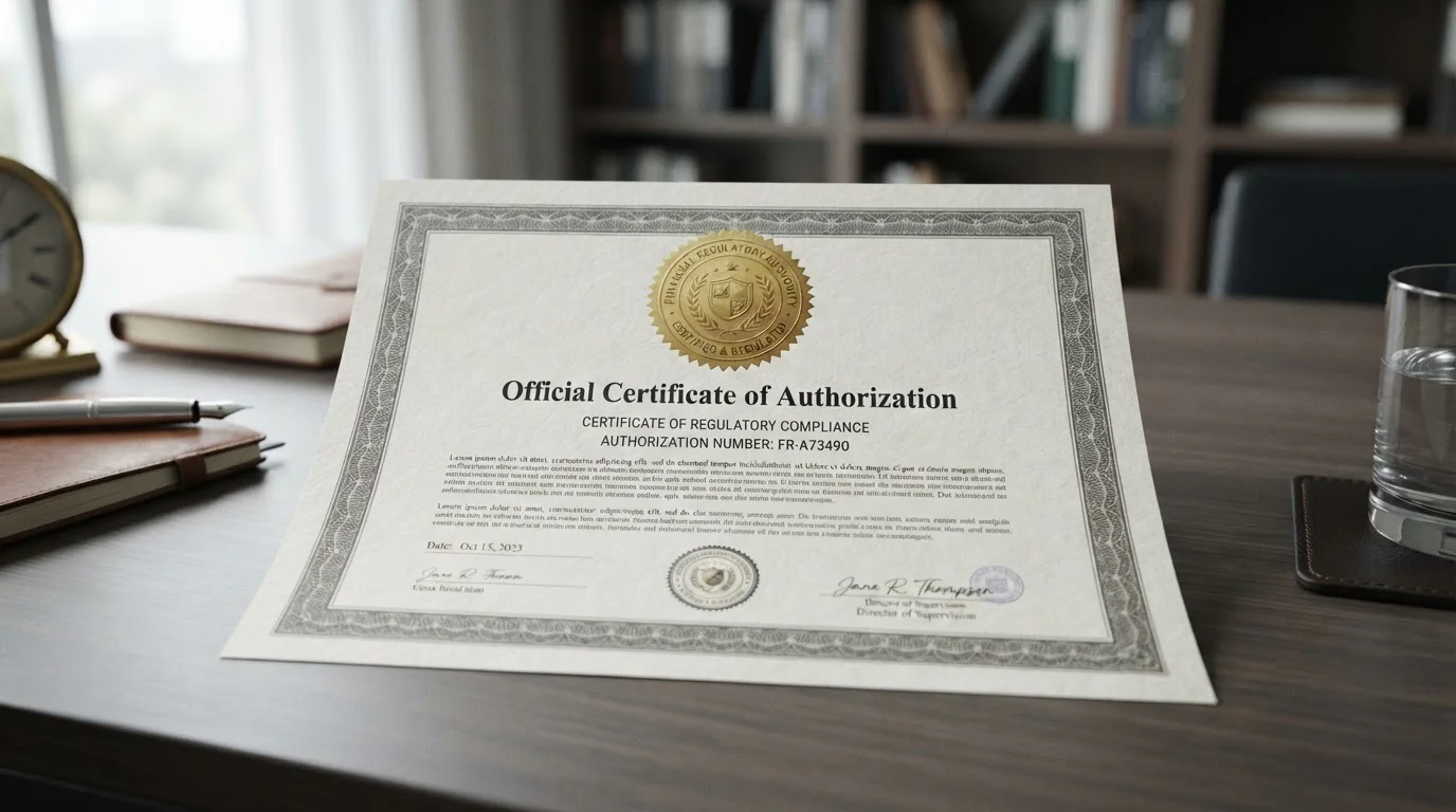 Documento de licencia financiera europea con sello oficial de autoridad reguladora
