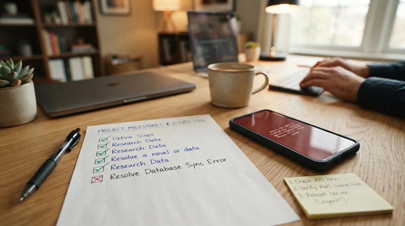 Documento checklist con notas de solución y smartphone con error