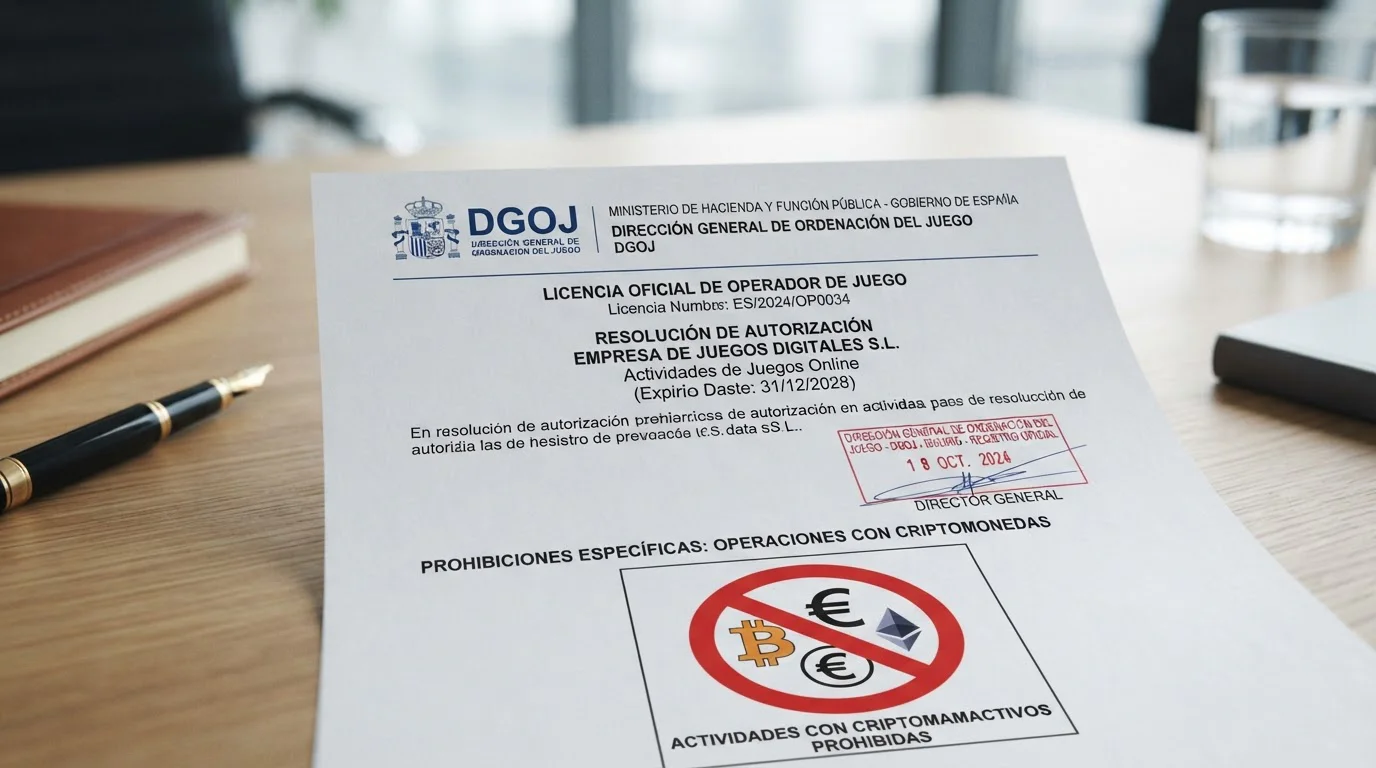 Documento licencia DGOJ con símbolo prohibición sobre criptomonedas