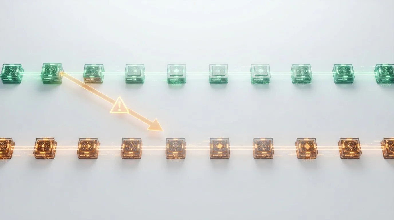 Diagrama visual mostrando dos cadenas blockchain separadas con transacción cruzada marcada con advertencia