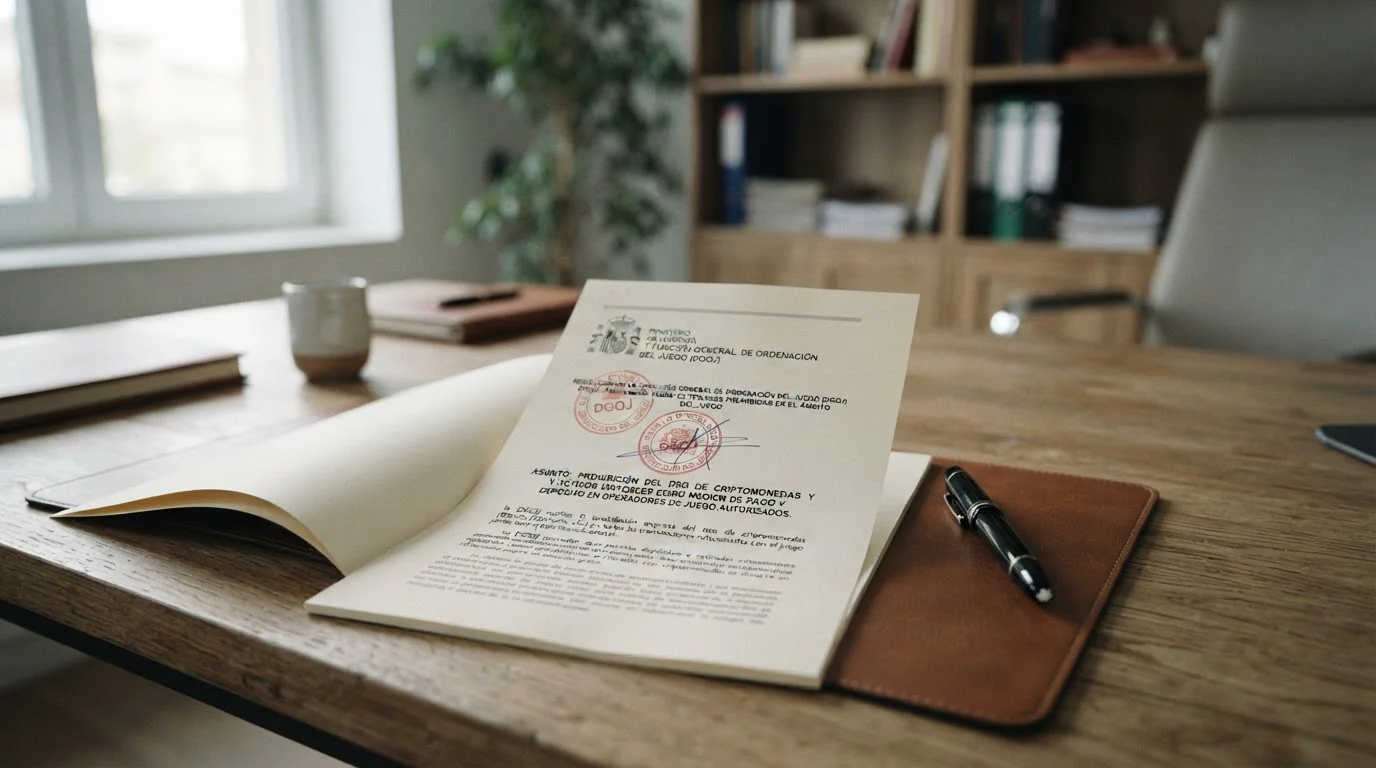 Documento legal con sello oficial de la DGOJ y texto destacando prohibición de criptomonedas