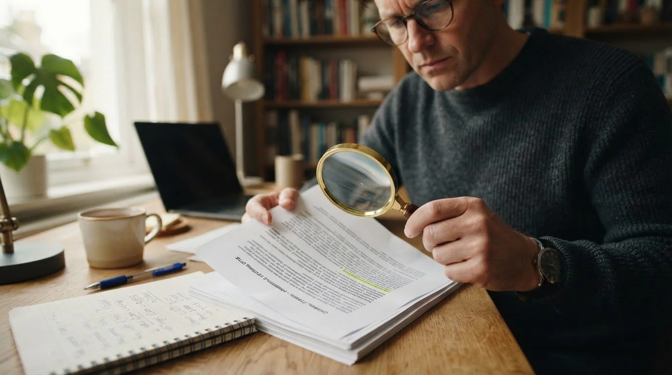 Persona leyendo documento de términos y condiciones con lupa sobre texto de requisitos de apuesta