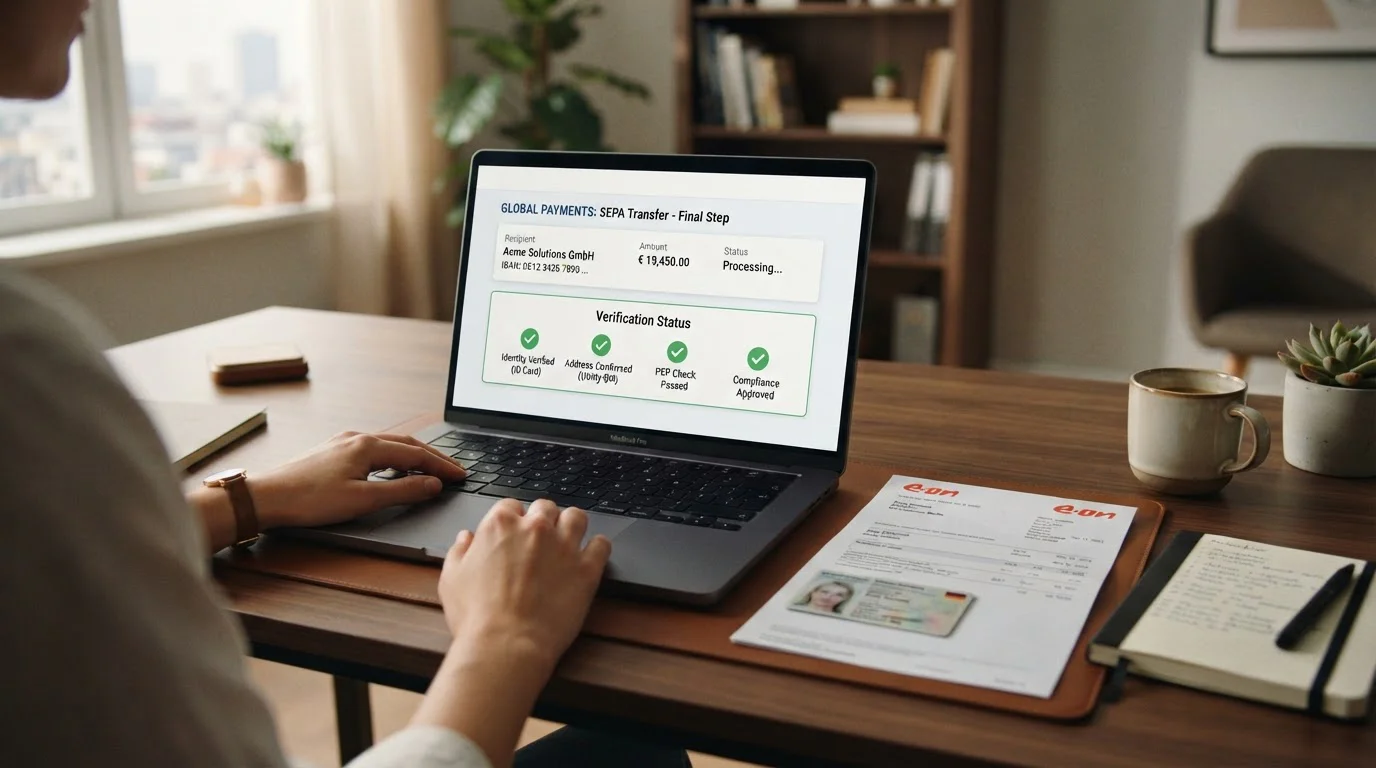 Transferencia bancaria SEPA en progreso con documento de verificación KYC completado