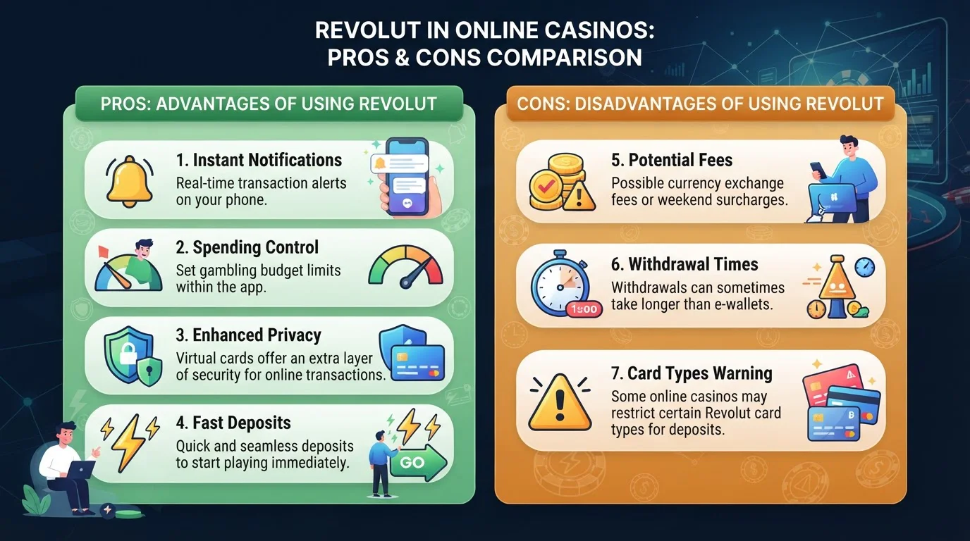 Pros and cons comparison chart for Revolut in casinos