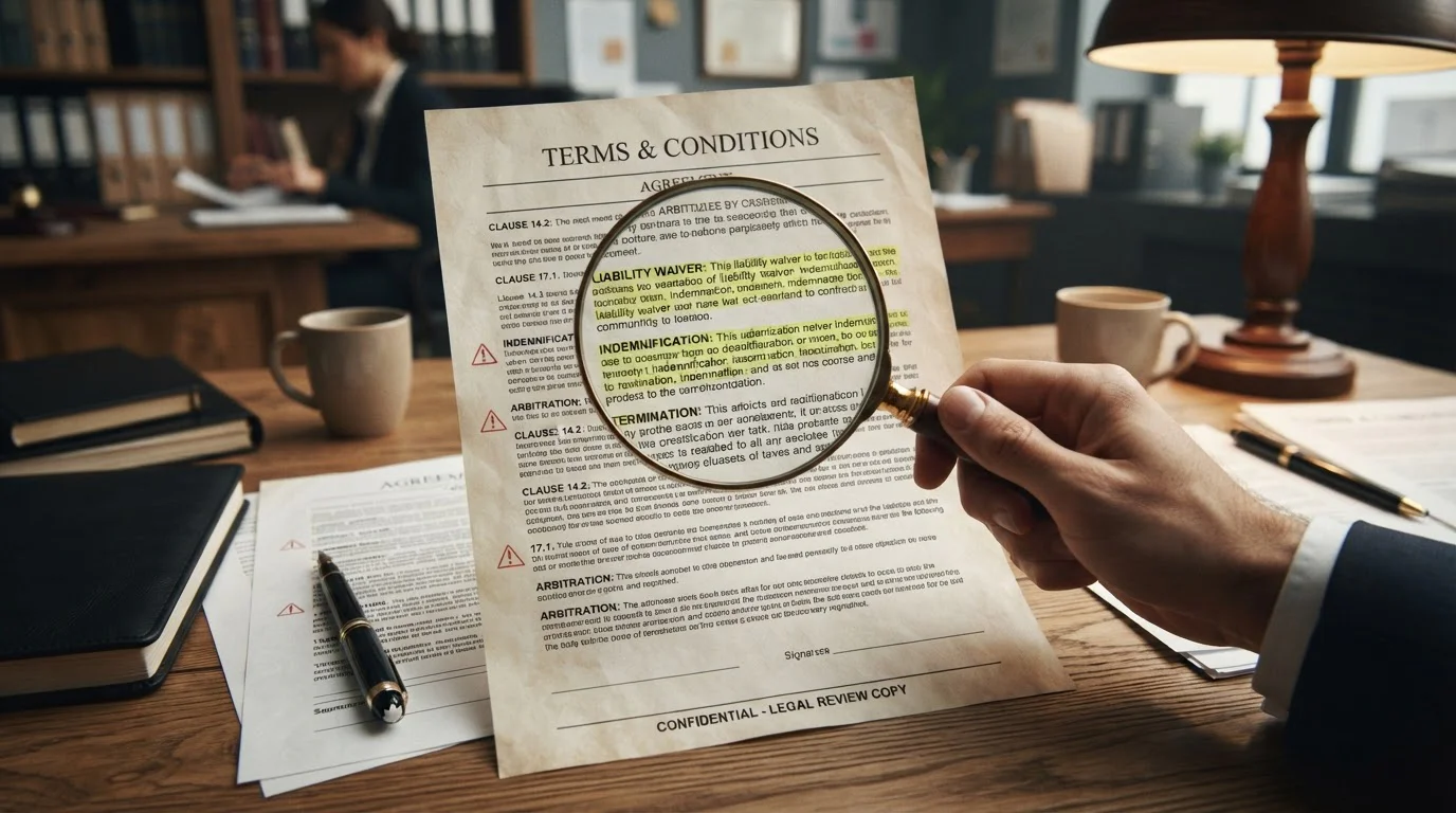 Documento términos y condiciones con cláusulas confiscación destacadas