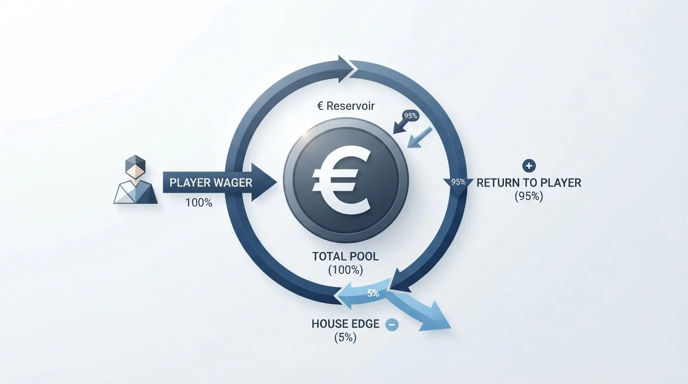 Diagrama limpio mostrando concepto de RTP con símbolo de euro y flechas representando retorno al jugador