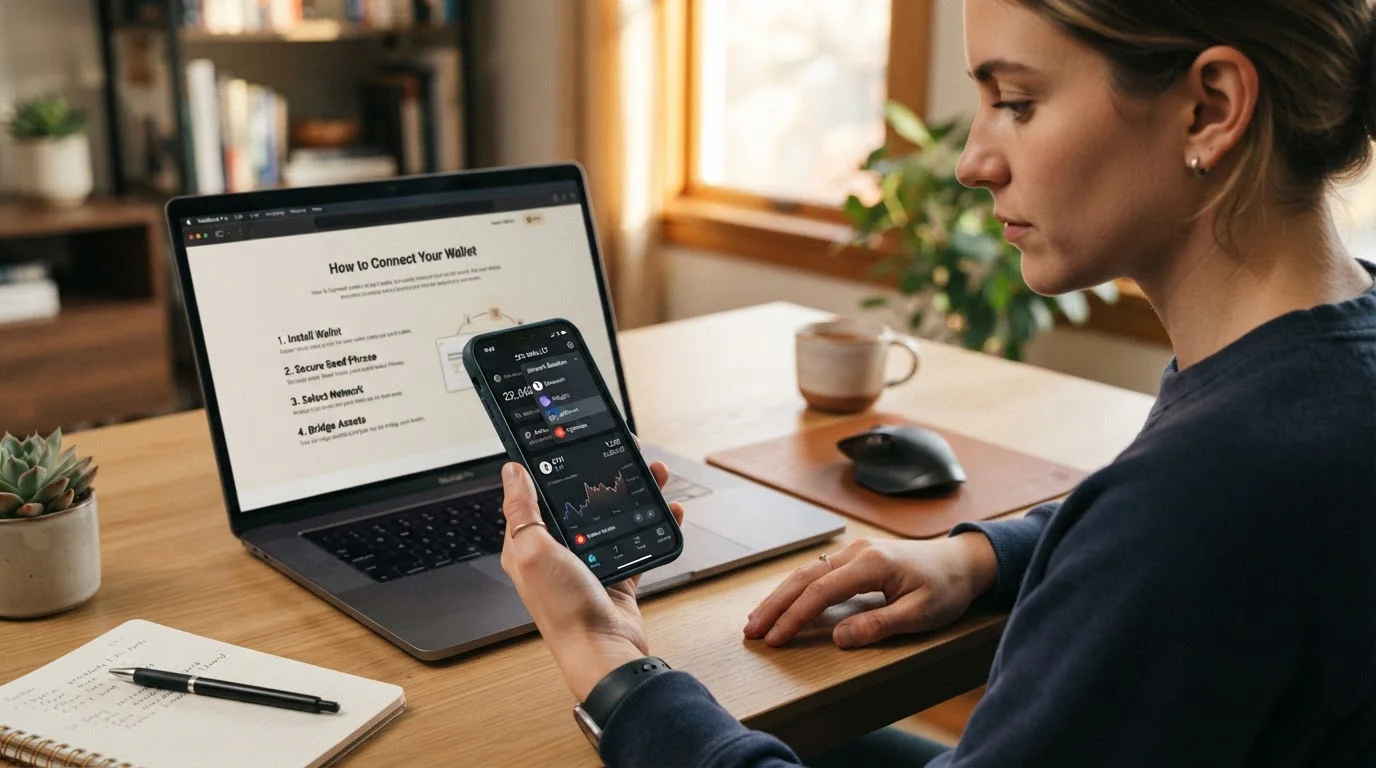 Persona en escritorio revisando wallet en smartphone con laptop mostrando pasos de selección de red blockchain