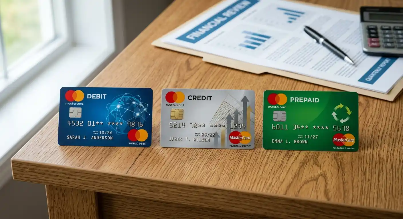 Tres tipos de tarjetas Mastercard sobre mesa con documentación bancaria